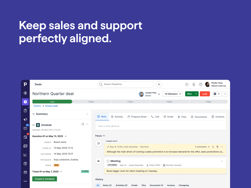 Pipedrive primary marketing image — CRM and Marketing app on the Zendesk Marketplace