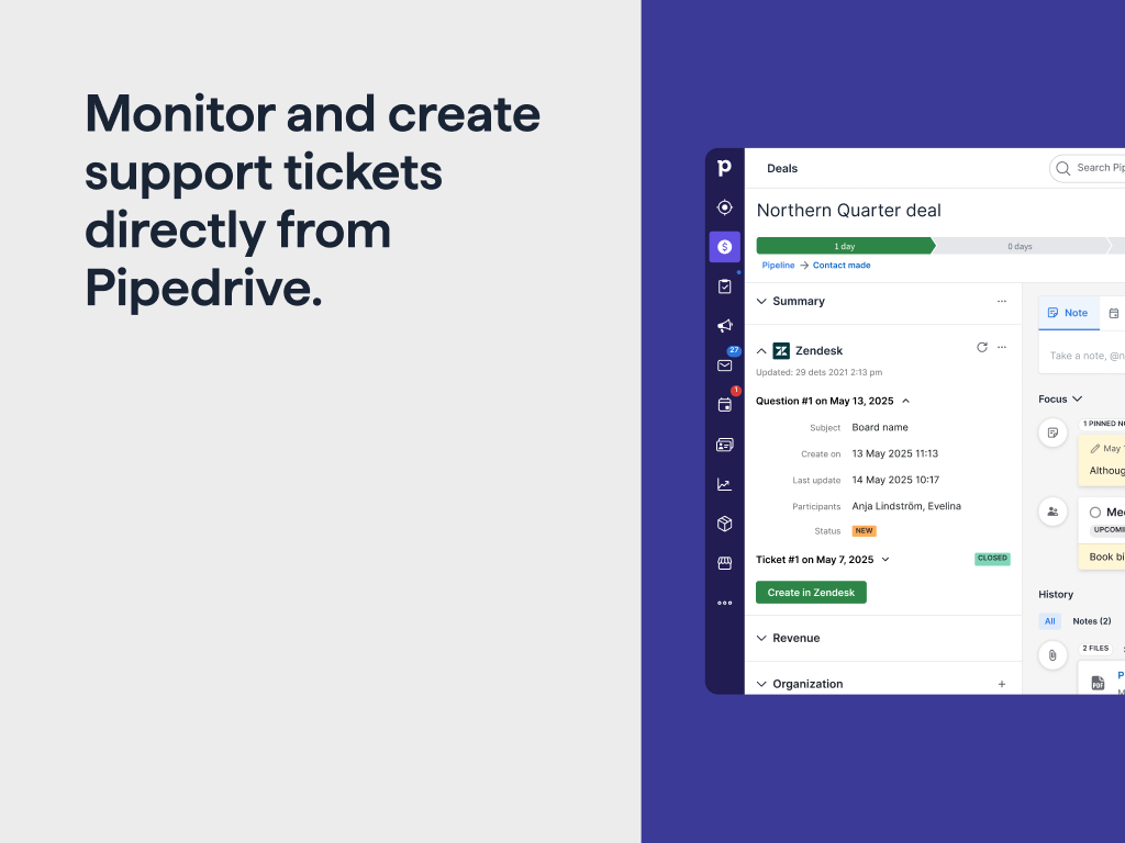 Pipedrive dashboard view — CRM and Marketing app on the Zendesk Marketplace
